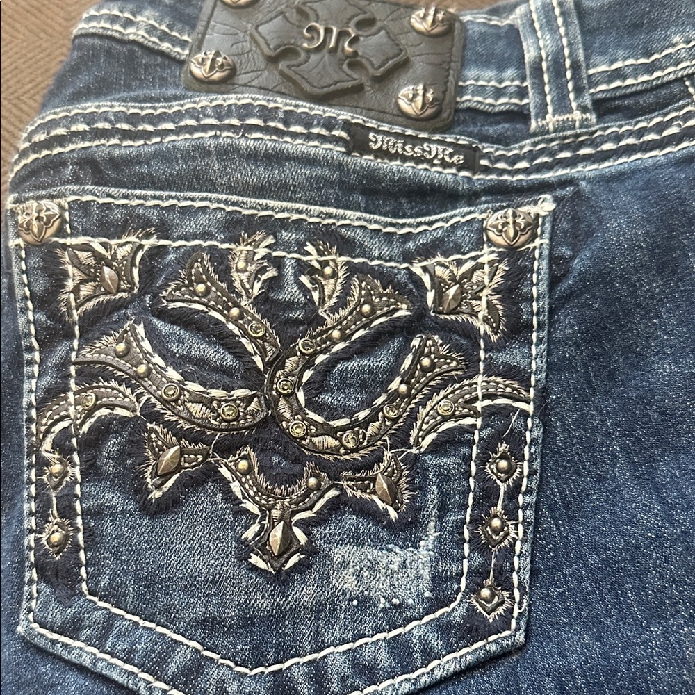 Miss Me Dark Blue Boot Cut Jeans with Embroidered Pocket Sz 28